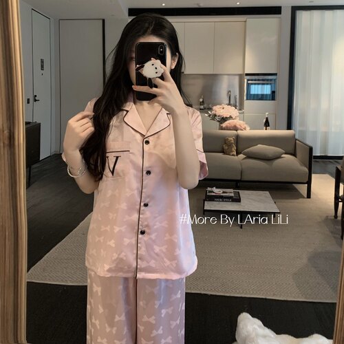 LAria*浪漫主义 提花刺绣短袖睡衣女冰丝家居服蝴蝶结性感纯欲夏