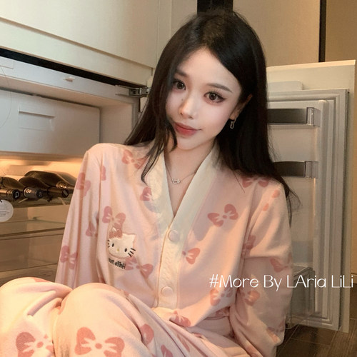 LAria粉萌KT 海岛绒长袖睡衣女高级秋冬季2026新款冬款薄绒家居服