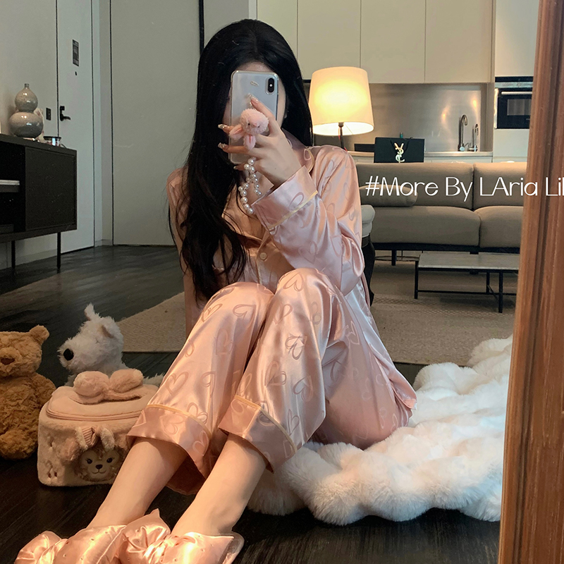 LAria* 夏日樱花 缎面爱心刺绣冰丝性感睡衣女夏季纯欲风家居服