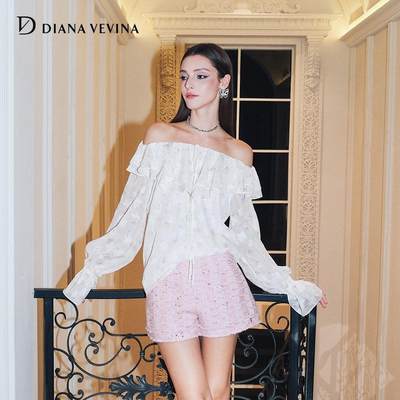 DIANA VEVINA24春夏新款白色一字肩两穿小碎花长袖衬衫短上衣