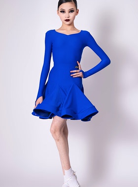 SZDANCE拉丁舞服新款女童专业蓝色演出国标舞蹈规定赛服B001A2506