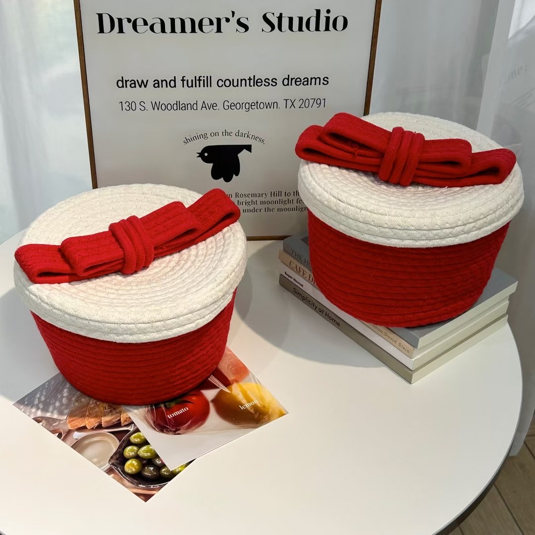 尾棉绳大蝴蝶结编织收纳筐零食杂物玩具收纳书本家居整理筐 一个