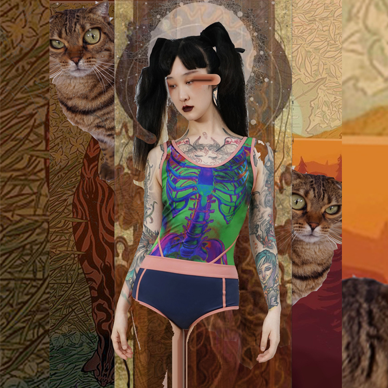 原创设计小众炫彩平角连体泳衣女