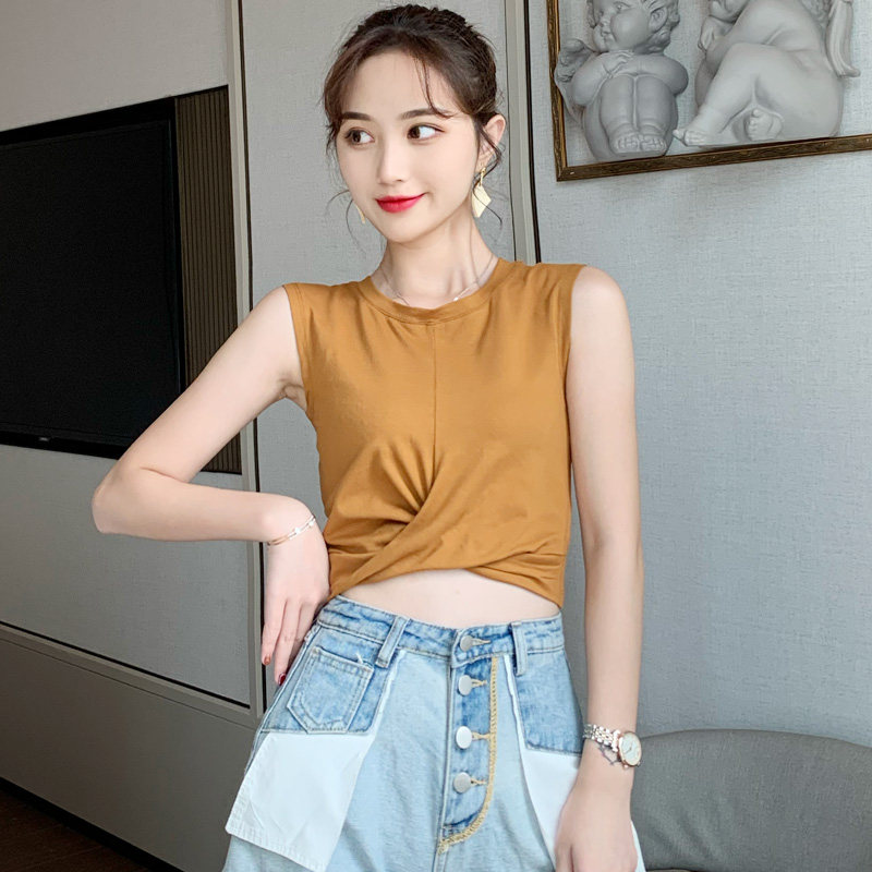 纯棉吊带背心圆领无袖t恤女短漏腰不规则交叉打结紧身瑜伽打底衫