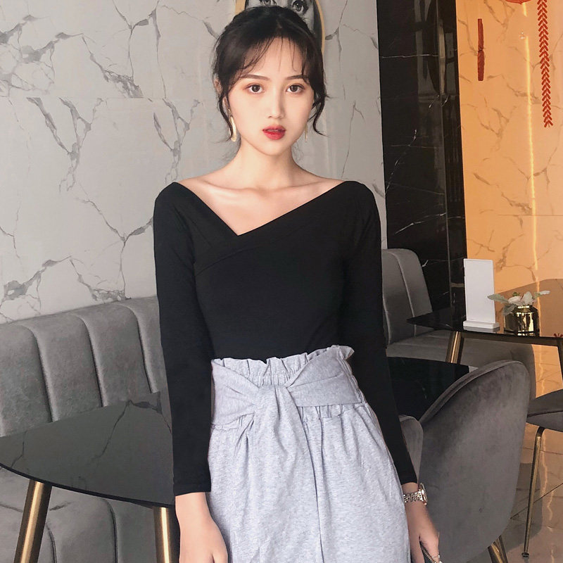 纯棉前后V领斜领T恤女长袖低领口露肩短款打底衫紧身舞蹈上衣露背