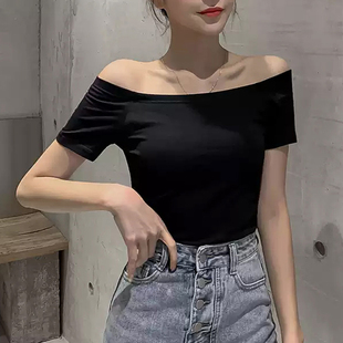 纯棉瑜伽舞蹈练功服一字肩大领口露肩修身短袖t恤女内搭打底衫秋