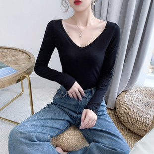 黑色瑜伽舞蹈练功服鸡心领大v领口低胸修身长袖t恤女内搭打底衫秋