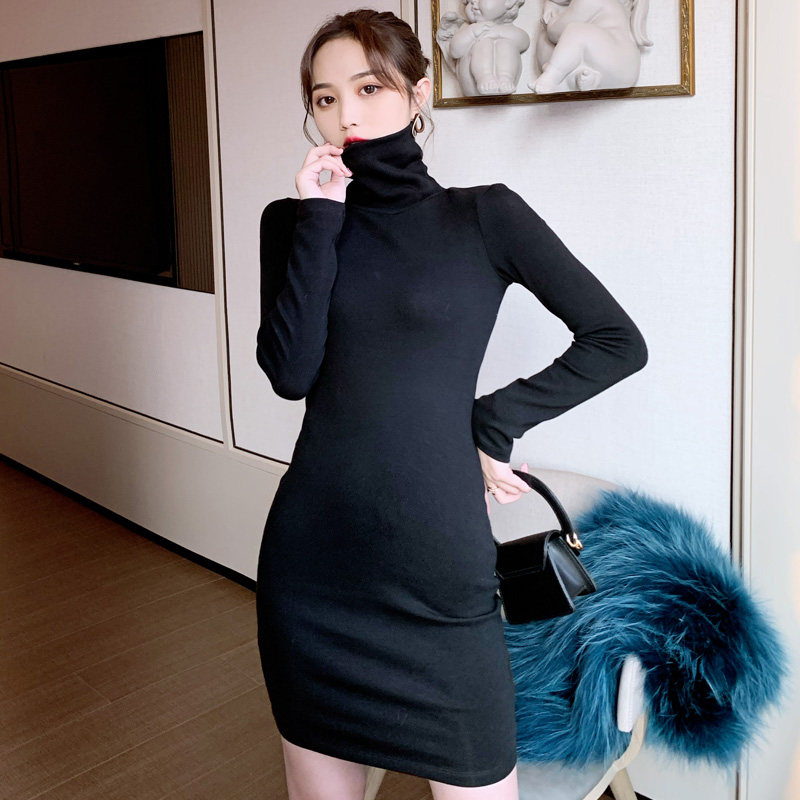 2026春秋冬新款纯棉长袖高领中长款连衣裙女堆堆领加厚修身打底裙