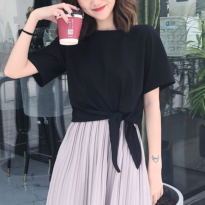 黑色纯棉短袖t恤夏新款女蝴蝶结短款露肚脐体恤后背系带绑带上衣