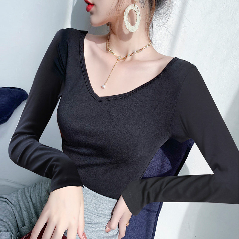 露背长袖t恤纯棉打底衫瑜伽舞蹈服短款低领口前后双V领上衣女高腰