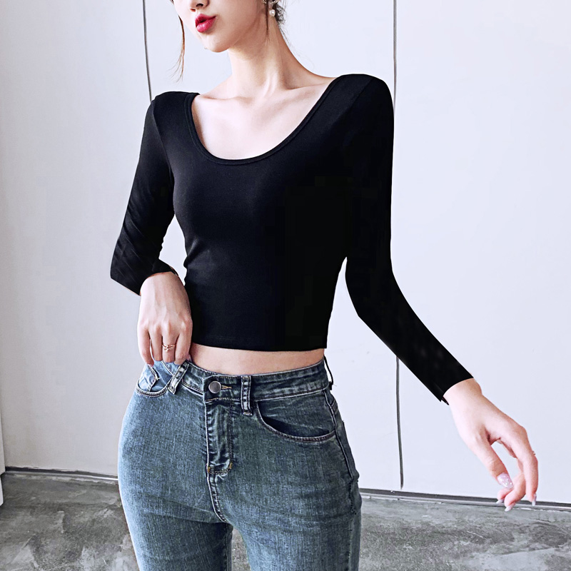 短款露腰大U领低领长袖内搭打底