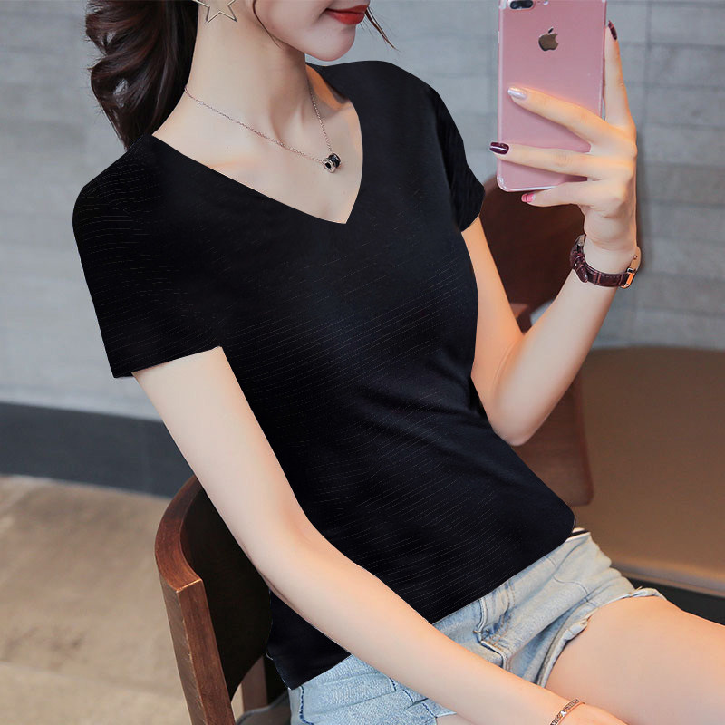 纯棉瑜伽舞蹈练功服正肩t恤大v领口低胸修身短袖t恤女半袖打底衫