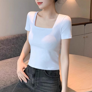 白色短袖 显瘦方领低领口上衣女高腰 t恤纯棉打底衫 瑜伽舞蹈服修身