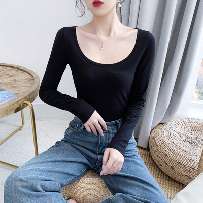 大圆U领口低胸修身长袖t恤女内搭