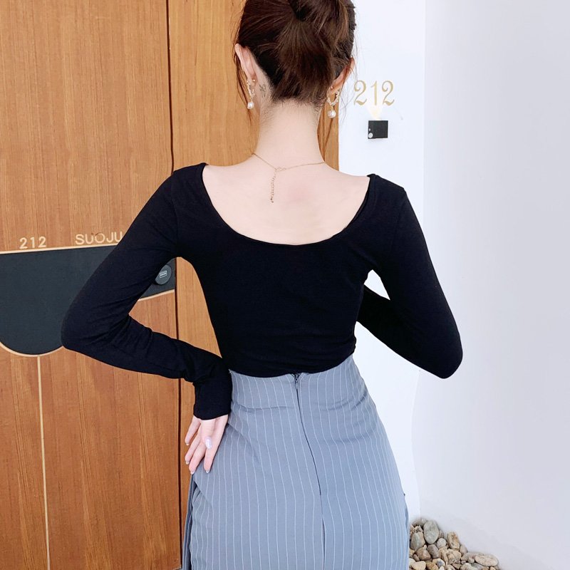 露背大圆U领低领口莫代尔棉长袖