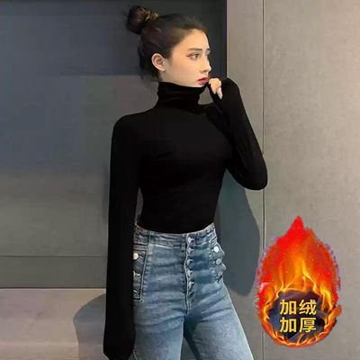 加绒加厚高领长袖打底堆堆领短款