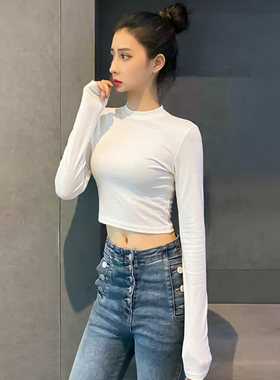 短款露脐半高领中领女高腰长袖棉