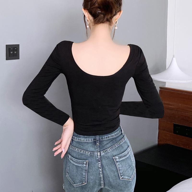 露背短款露脐长袖前后大圆双U领