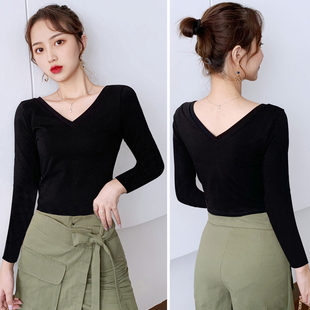 露背鸡心领大v领口长袖t恤纯棉打底衫瑜伽舞蹈服双V领上衣女高腰