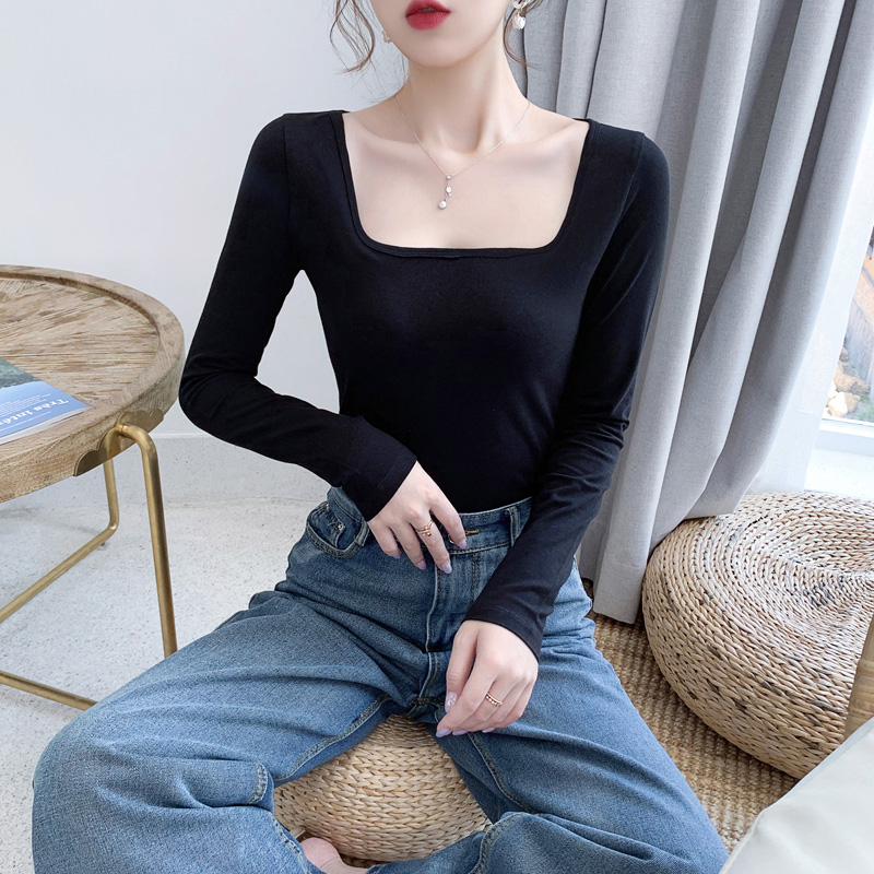 大圆U领低领口方领长袖内搭打底