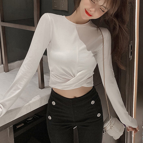 白色长袖t恤女扭结打结短款露脐