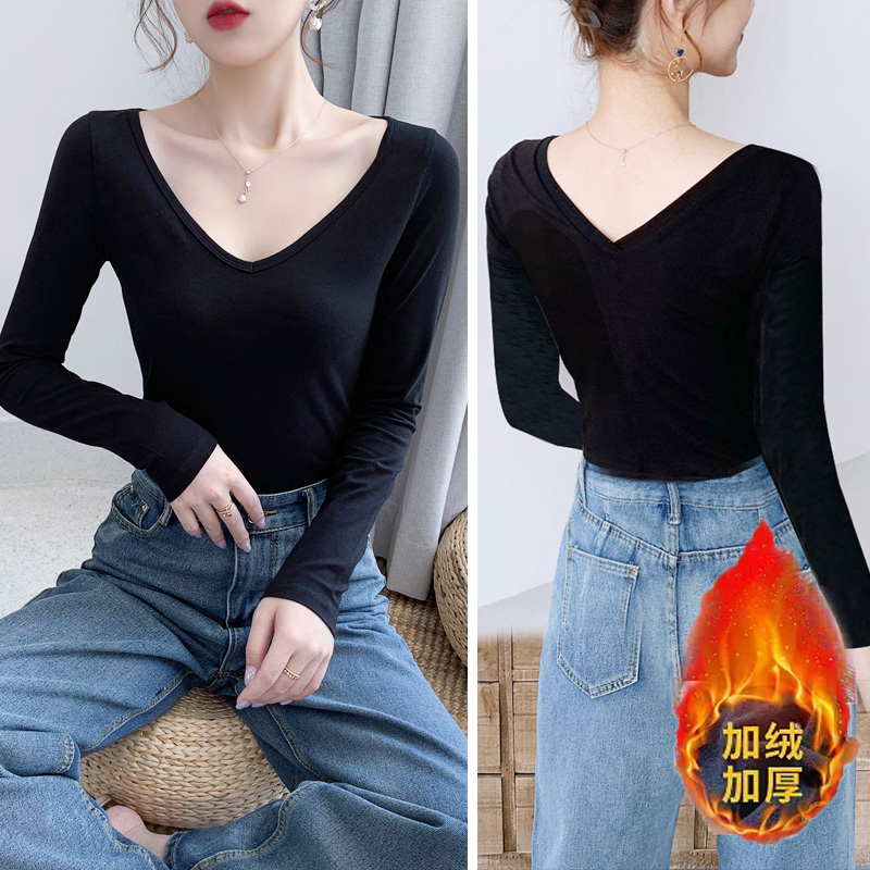 加绒加厚露背前后v领修身长袖棉