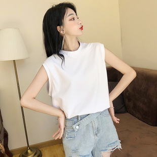 宽松白色T恤内搭上衣夏 纯棉中领大码 小半高领无袖 背心女外穿砍袖