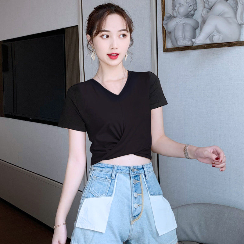 扭结短袖t恤女短款露脐双V领高腰图片