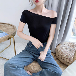 黑色短袖t恤2026新款女前后大双V领斜肩大一字领运动舞蹈紧身上衣