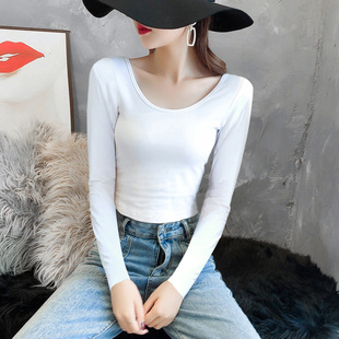 纯棉瑜伽舞蹈保暖上衣低圆领大u领口修身长袖t恤女白色内搭打底衫