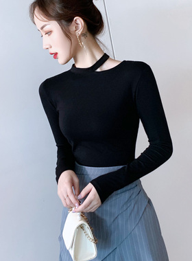 黑色长袖t恤女纯棉短款紧身上衣露肩吊带挂脖打底衫内搭体恤春秋