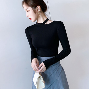 黑色长袖t恤女纯棉短款紧身上衣露肩吊带挂脖打底衫内搭体恤春秋
