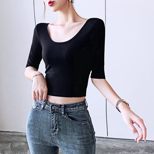 露背五分袖短款露脐双U领女高腰