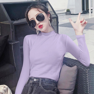 紫色短款长袖女外穿半高领莫代尔内搭打底衫中领t恤心机上衣高腰