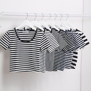 纯棉斑马黑白细横条纹t恤女短袖修身圆领低领高腰露脐装短款上衣