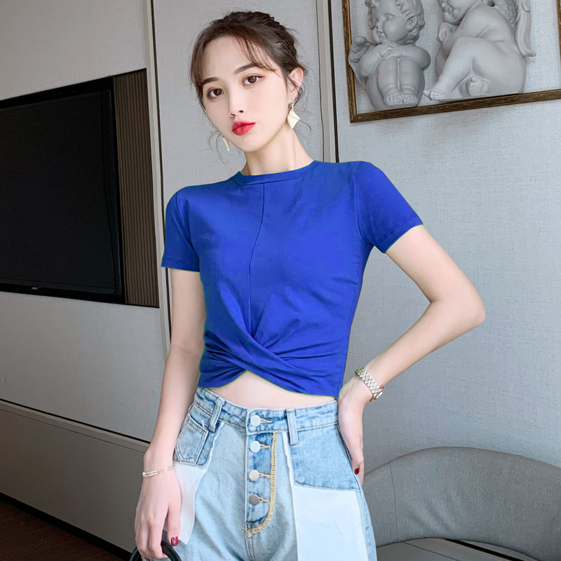 克莱因蓝短袖t恤女短款露肚脐小衫上衣漏腰不规则交叉打结打底衫