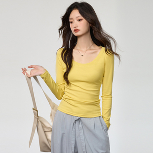 纯棉瑜伽舞蹈练功服2026新款大u领口低胸修身长袖t恤女内搭打底衫