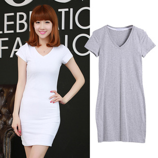 黑色V领纯棉连衣裙短袖t恤裙低领内搭修身显瘦白色中长款打底衫女