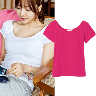 白色纯棉t恤女短袖紧身显瘦上衣春夏前后大圆双U低领口露背打底衫