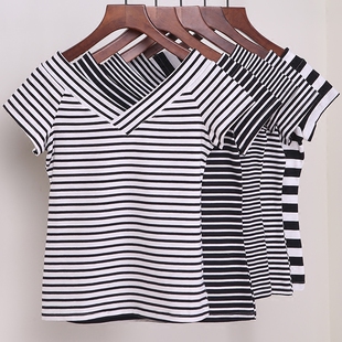纯棉斑马黑白细横条纹大双V低领口短袖T恤女露背打底小衫半袖上衣