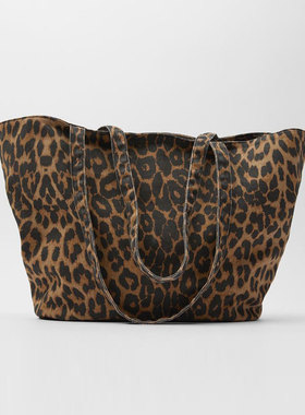 Z家女包2023新品时尚百搭豹纹印花面料大容量单肩手提购物包