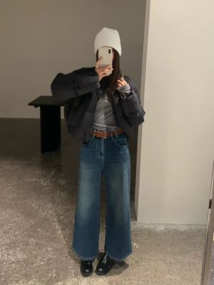 JSH052加绒加厚阔腿2025新款冬季宽松显瘦小个子四面弹直筒牛仔裤