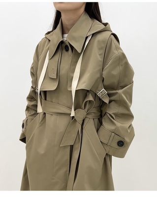 422023长款中长款风衣宽松卡其连帽两件套韩版休闲气质外套