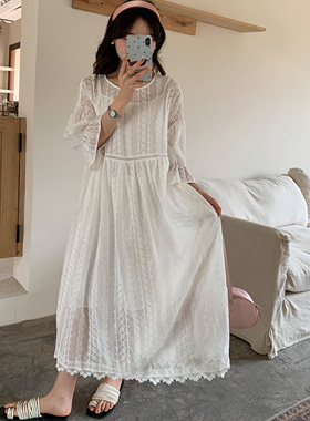 优雅白色连衣裙2025新款夏季小清新圆领设计感中长裙女