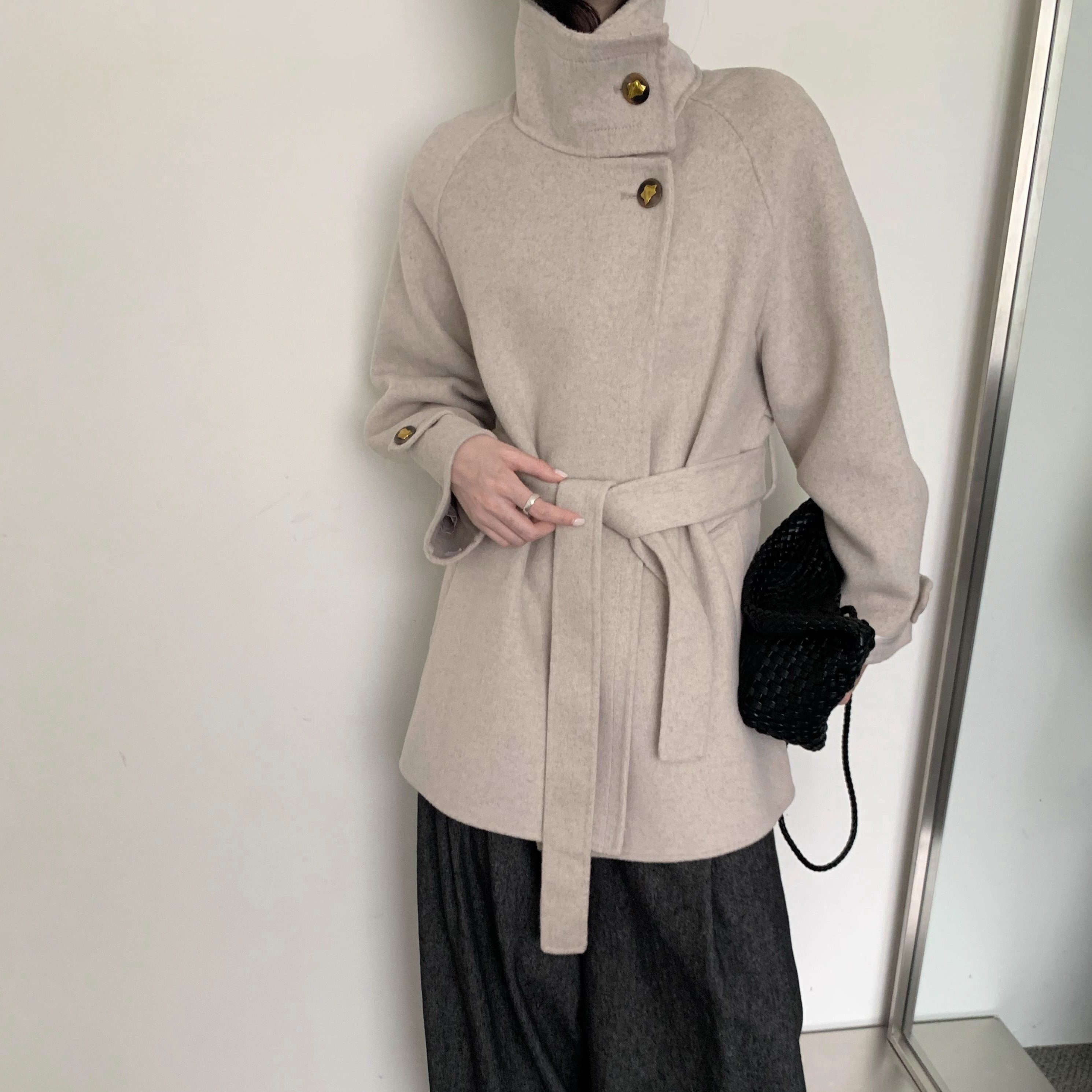 2025新款双面羊绒大衣女中长款立领系带收腰显瘦羊毛大衣