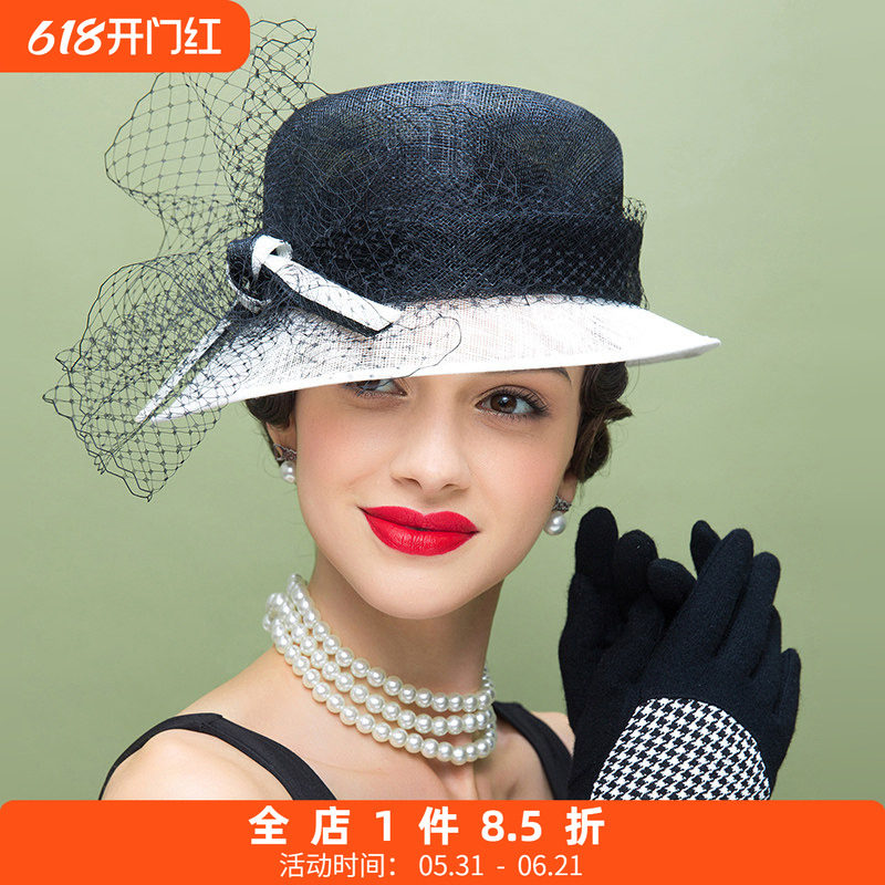 EE原创设计英伦女帽子春欧美时尚赛马会平顶小礼帽百搭韩版麻纱帽