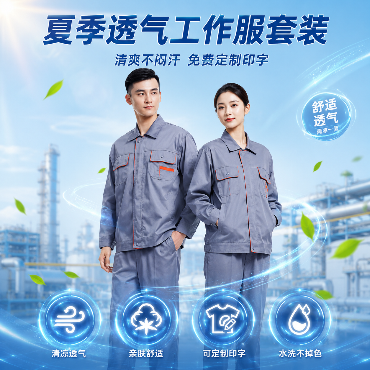 夏季薄款长袖男女保安厨师车间工地工作服可印字logo透气劳保工装