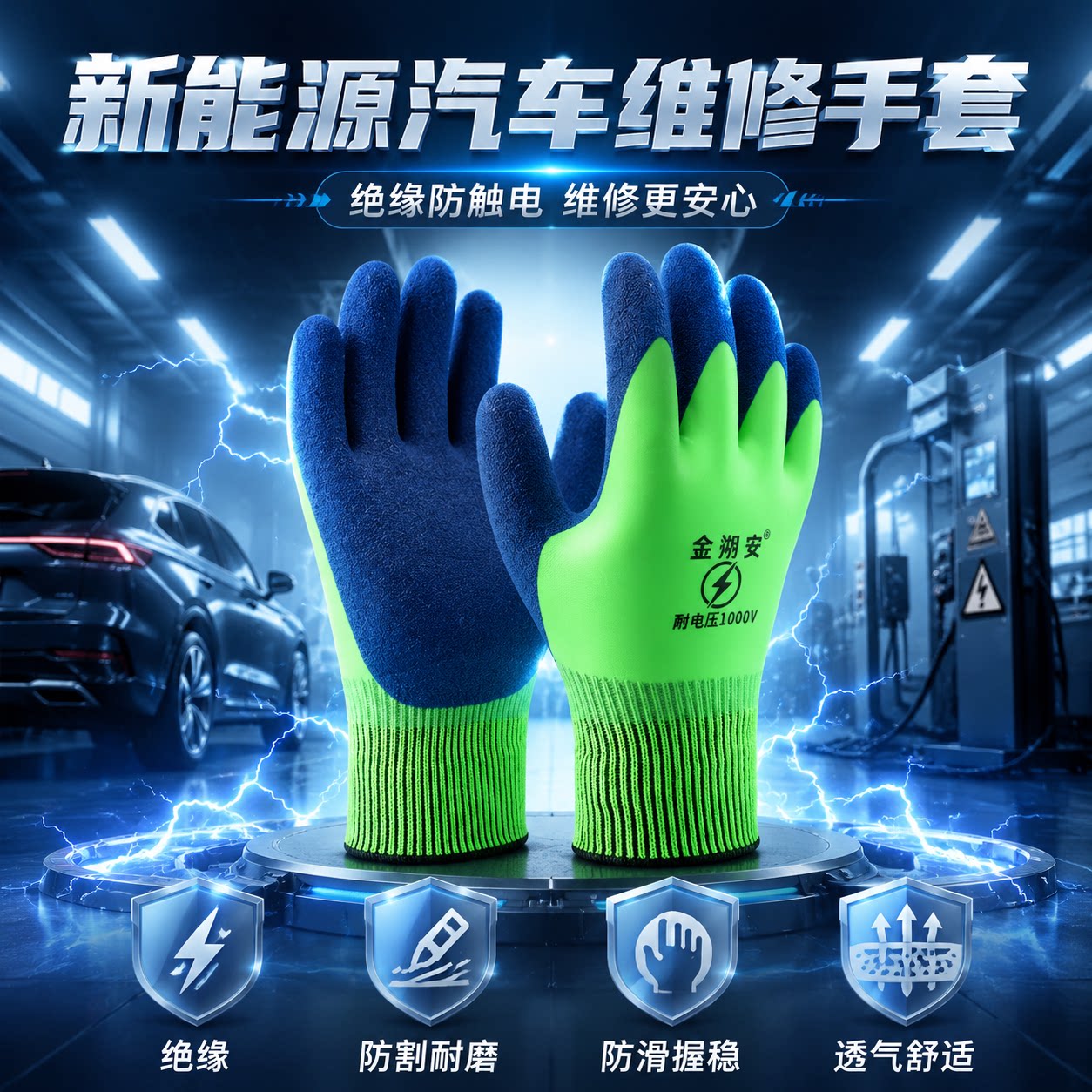 新能源汽车维修手套1000v绝缘防触电加厚耐磨防滑工业防护手套