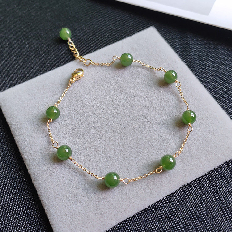 满天星 6mm天然A货俄料和田玉碧玉手链 14K包金菠菜苹果果绿女