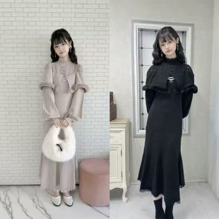 LUCKYM  日系清楚系大小姐蕾丝拼接毛毛拼接斗篷荷叶边针织连衣裙